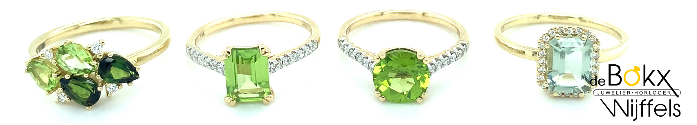 gouden ringen met groene stenen en diamanten